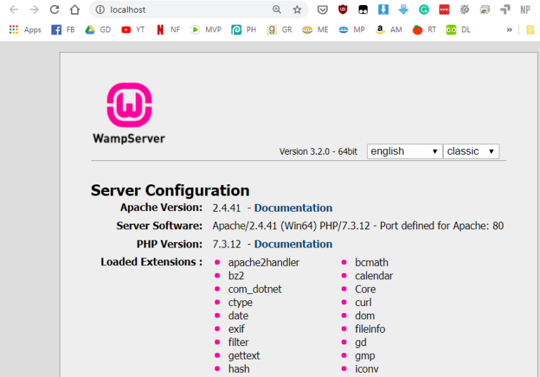 Configuration d'un serveur WAMP local.